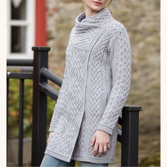 Aran Knit Coatigan With Celtic Knot Side Zip Size Small - Picture 1 of 11